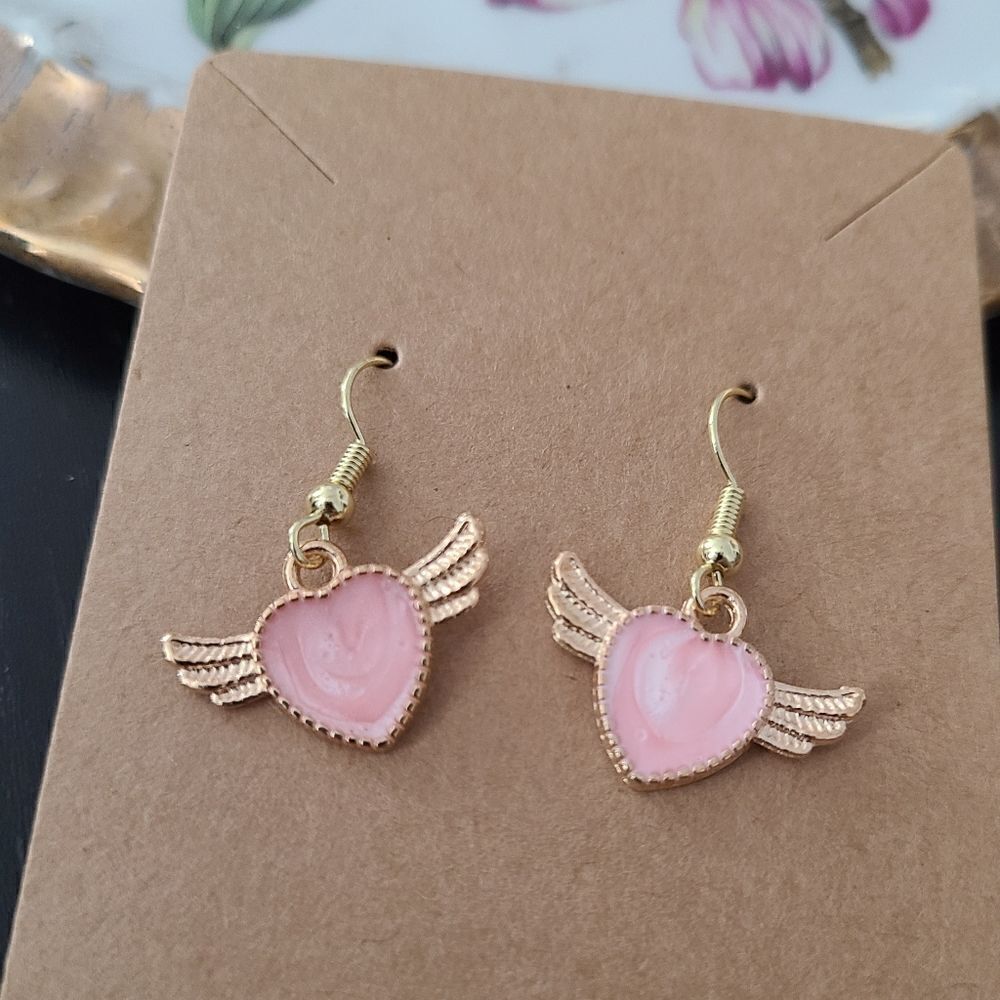 New Hand Crafted Cute Pink Winged Heart Earrings 14K Gold Plated Hooks